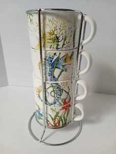 Pier 1 Imports Stoneware Sea Life Stackable Mugs With Metal Stacking Rack - Picture 1 of 7