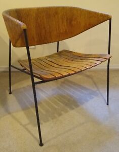VERY RARE 1950s Cabin Modern Rustic Iron Slat Lounge Chair by Arthur Umanoff