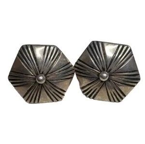 Vtg Sterling Silver Hexagon Stud Earrings 6 Lines Center Ball FlowerL.L Signed - Picture 1 of 5