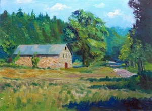stone barn road trees New Eengland Impressionism Landscape Original Oil Painting - Picture 1 of 4