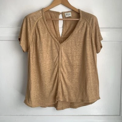 Wrap London 100% Linen Top Womens UK 12 Gold Tan Plaited Detail V NeckT Shirt - Image 1 of 4
