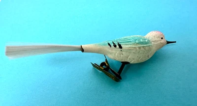 Antique Glass Christmas Decoration Bauble ~ Clip on Bird 50s ~ Vintage white - Image 1 of 4