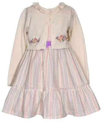 NEW Bonnie Jean Girls Size 4 "IVORY PASTEL BUNNY" Easter Dress Cardigan Set NWT - Image 1 of 4