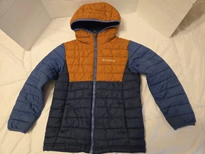 Columbia Boys Powder Lite Puffer Jacket Youth S 8 Blue Orange Omni Heat Hood Zip - Picture 1 of 12