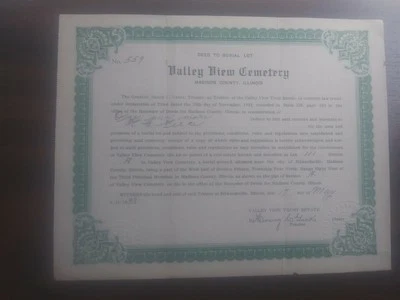 Deed To Burial Lot Plot Valley View Cemetery Madison County Illinois From 1938 - Image 1 of 4