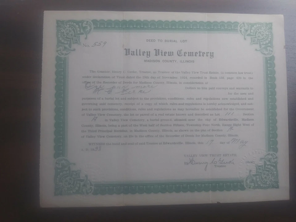 Deed To Burial Lot Plot Valley View Cemetery Madison County Illinois From 1938 - Image 1 of 4