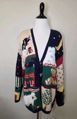 Vintage 90s Eagles Eye Hand Knit Cotton Sweater L Christmas Animal Cardigan - Image 1 of 4