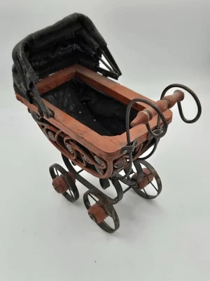 Antique  Vintage Victorian Doll Pram buggy  rattan wood canvas - Image 1 of 4