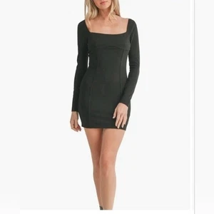 Mini Vestido Pequeño Corsé Acanalado Negro Exuberante Cuello Cuadrado Manga Larga - Imagen 1 de 10