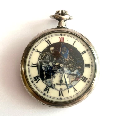 Antiguo Reloj Bolsillo Mecánico Memento Mori Calavera Esqueleto Omega Plata Dorado Foto 1 de 4