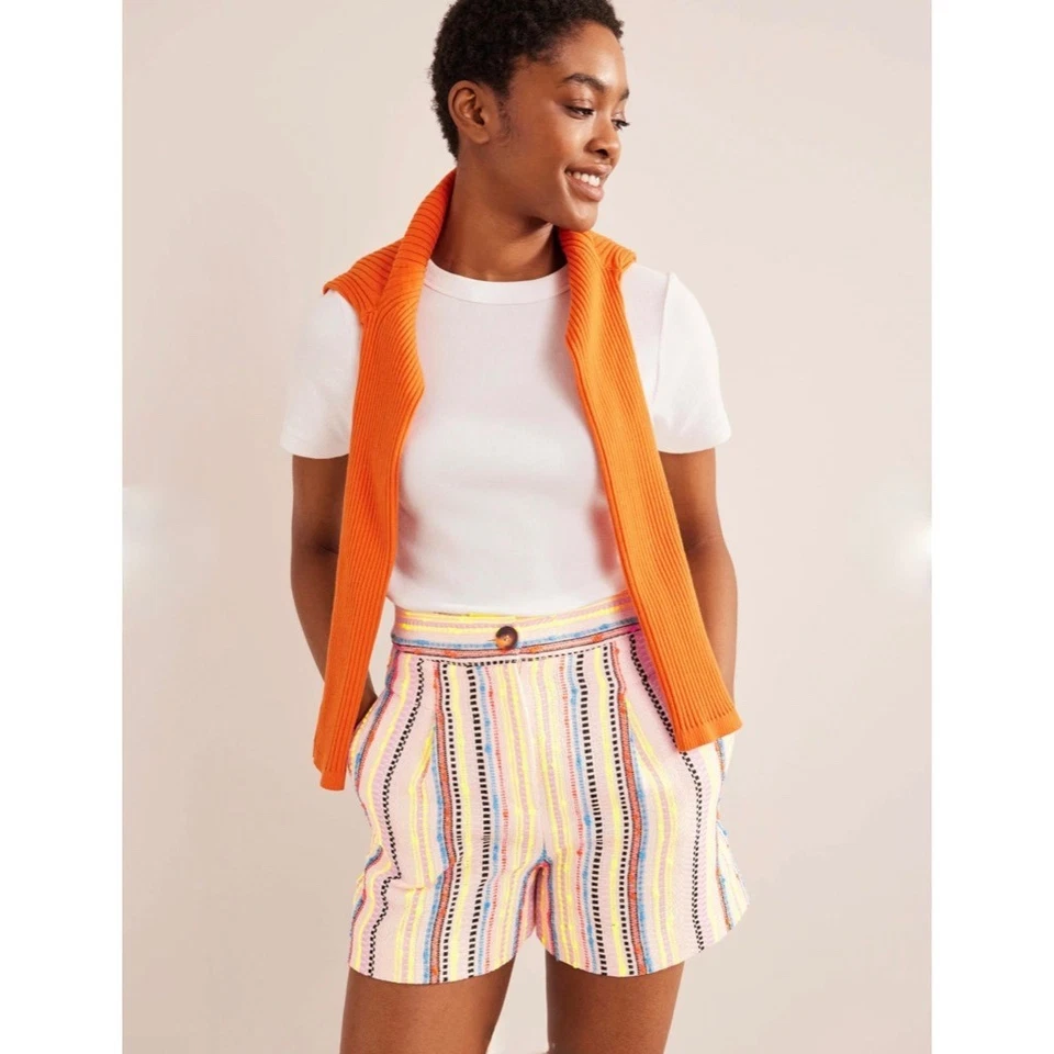 ¡¡NUEVO CON ETIQUETAS!! Pantalones Cortos BODEN Texturizados Rayas Neón Coloridos Bolsillos Lino Talla 8 Foto 1 de 4
