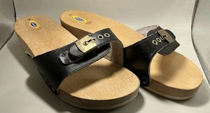 A HTF Rare Vintage Dr Scholl’s Black Classic Slip-on Wood Leather US10 Sandals - Picture 1 of 4