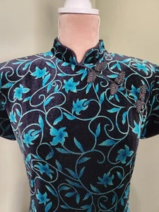 VTG 90s David Warren New York Green Black Velvet Short Sleeve Long Qipao Dress 4 - Picture 1 of 14