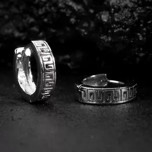 Men's Solid White Gold Plated Sterling Silver Small Greek Key Hoop Earrings - Picture 1 of 4