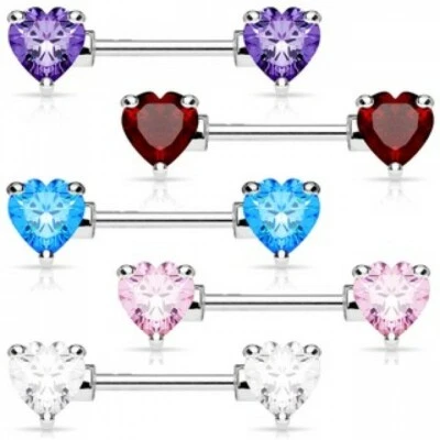Nipple Bar Nipple Ring Heart Barbell Crystal Gem 316L Prong Set Stainless steel - Image 1 of 4