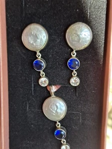 925 Sterling silver button pearl earrings and pendant set blue and white - Picture 1 of 6