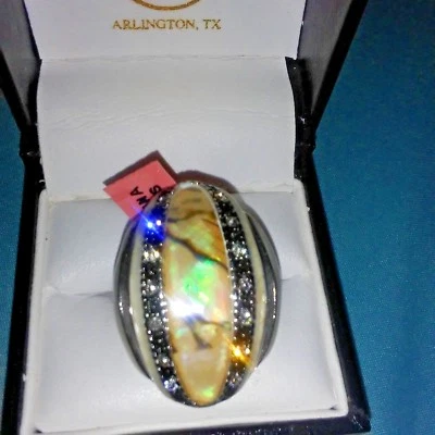 Abalone Shell White Mother of Pearl Crystal Enameled Stainless Steel Ring Sz 8 - Image 1 of 4