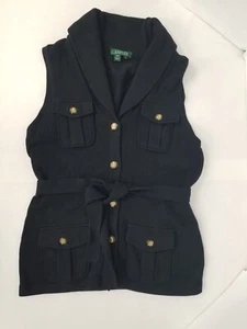 Ralph Lauren Women's Sz L sweater Vest Black Knit Cotton Belt Tie Waist - Picture 1 of 7