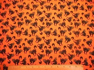 Halloween Quilt Fabric By The Yard Spooky Black Cat on Dusty Orange Cotton - Picture 1 of 2