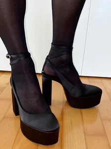 Plateau Satin High Heels Schwarz Riemchen 38 Gothic Punk Lolita Maid Cosplay - Bild 1 von 6