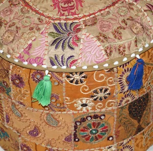 22" Indian Ottoman Pouf Round Floor Footstool Cover Patchwork Cotton Pouf Cover - Picture 1 of 3