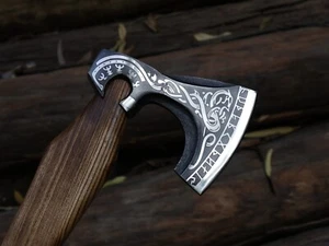 Viking Axe Handmade Carbon Steel Blade Tomahawk Axe W/Leather Sheath BL-2757 - Picture 1 of 22