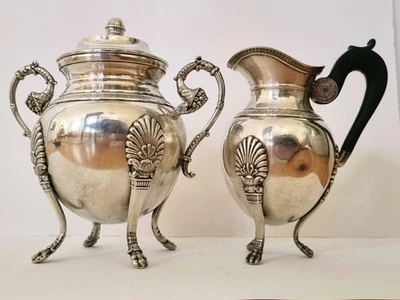 pot à lait et sucrier métal argenté Style Louis XVI Empire, Anse Bois, XIXe - Photo 1/4