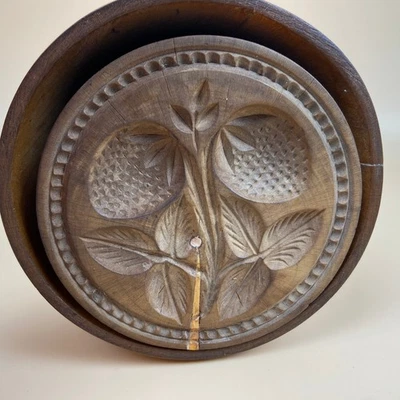Antique Early Primitive Hand Carved Wood Strawberry Fern  Butter Stamp Mold - Image 1 of 4
