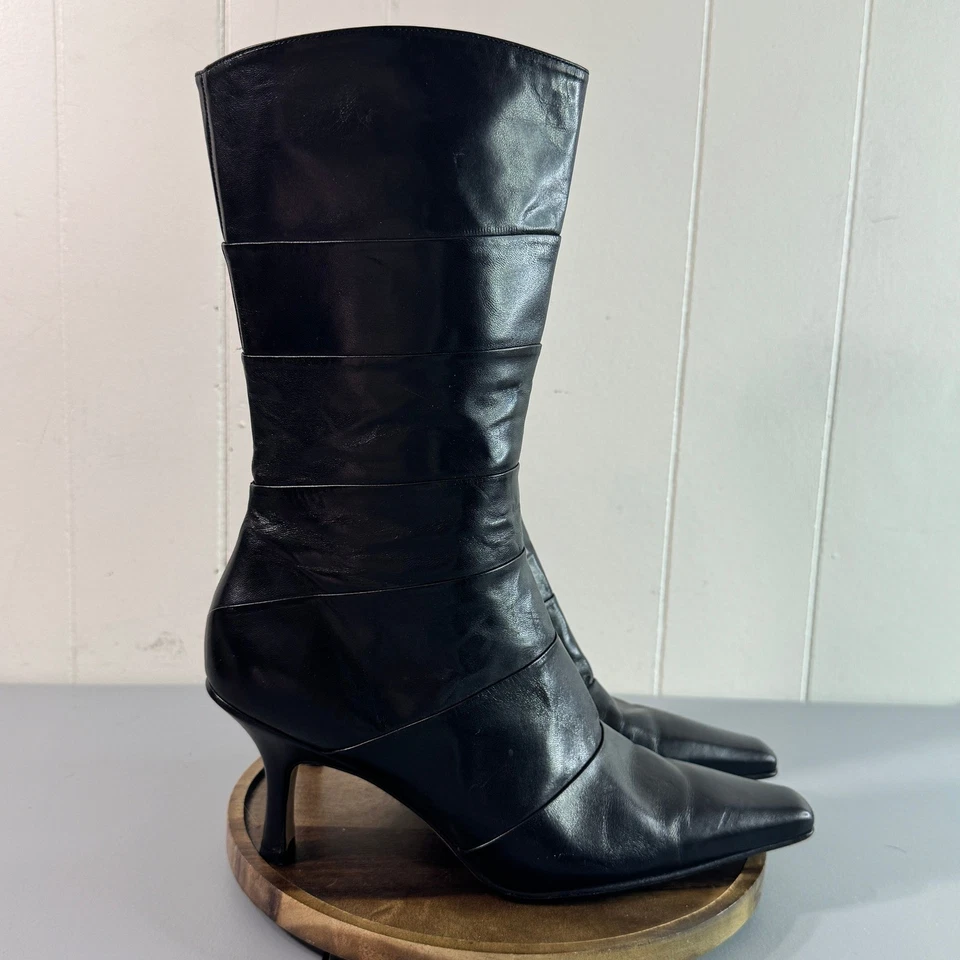 Botas Antonio Melani para mujer de cuero negro punta tacón de aguja talla 9M Foto 1 de 4