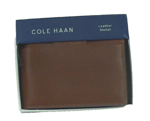 NUEVO Cole Haan Para hombres Cuero Liso Doble Cartera Marrón Tostado NUEVO CON ETIQUETAS RFID - Imagen 1 de 3