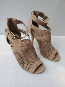 Lauren Conrad Booties Open Toed Ankle Strap Taupe Faux Suede Women's Size 7 - Picture 1 of 9