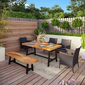 Rattan Patio Dining Furniture Set Wooden Bench Table Wicker Outdoor Chairs 7Pcs - Bild 1 von 12
