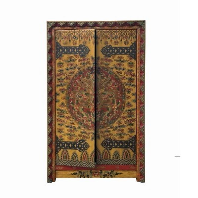 Tibetan Dragon Flower Yellow Graphic Tall Armoire Wardrobe Cabinet cs7683 - Image 1 of 4