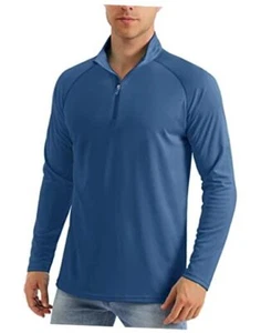 Men's Long Sleeve Sun Shirts UPF 50+ Tees 1/4 Zip Up Fishing Medium Blue Grey - Picture 1 of 7