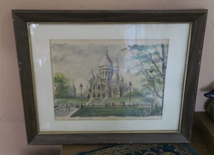 Bleistift signiert Gabrielle Ardant ""The Sacre Coeur Montmartre"" Aquarell Vintage - Bild 1 von 9