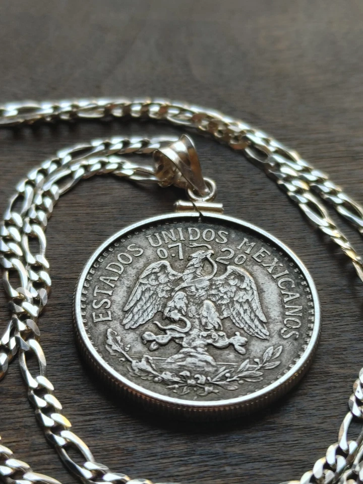 1937 Silver Mexico Cincuenta Centavos coin Pendant Sterling Bezel & 18" chain  - Image 1 of 4