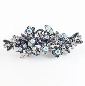 USA BARRETTE Rhinestone Crystal Hairpin Clip Metal Vintage Elegant Silver 04 - Picture 1 of 5