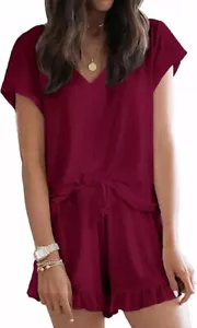 Womens Pajama Sets Shorts Soft Lounge Sets Short Sleeve V Neck Pj Set - Picture 1 of 6
