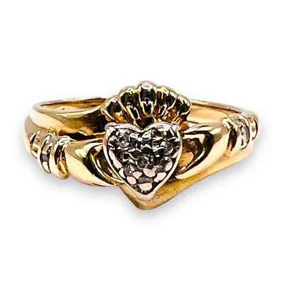Vintage 10k Yellow Gold Irish Claddagh Celtic Diamond Heart Ring Size 7.25 - Image 1 of 4