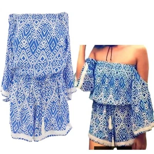 Beach Holiday Playsuit Blue White Printed Off Shoulder Summer Sexy Size M L BNWT - Picture 1 of 14