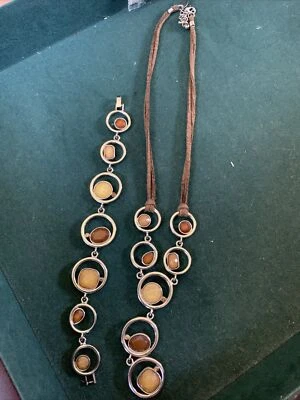 Lia Sophia Necklace & Bracelet Set silver tone brown amber color 7.5” - Image 1 of 4