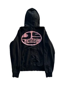 Vintage Y2K Full Zip Hoodie Diesel Graphic Print Men Size Medium Black Pink RARE - Picture 1 of 12