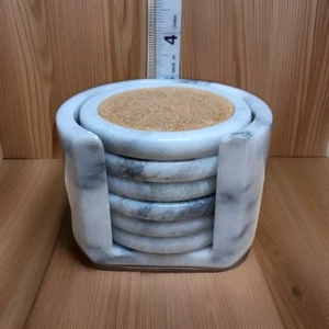 VTG MCM 6 MARBLE 3.5" DRINK COASTERS & HOLDER Marble Cork Cocktails Bar - Picture 1 of 21