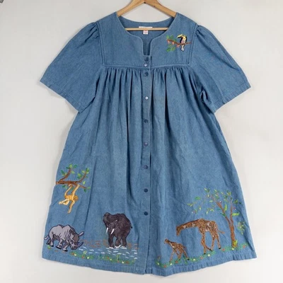 Go Softly Patio House Dress Woman 1X Blue Safari Animals Appliqué Pockets Casual - Image 1 of 4