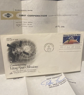 US FDC 1978 VIKING MARS MISSION + CABOT CORPORATION INSERT SIGNED BY DR ECONOMOU - Image 1 of 4