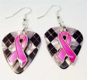 Fuchsia Ribbon Charm Guitar Pick Earrings with Surgical Steel Earwires - Picture 1 of 11
