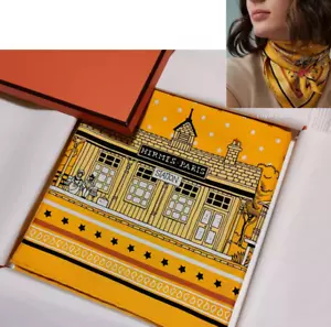 Unused w/box HERMES Carre 55 Paris Station Silk Scarf Bandana 55cm Yellow - Picture 1 of 24
