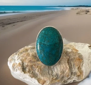 Anillo de piedras preciosas de crisocola talla 9 - Chapado en plata de ley 925 ¡Nuevo! - Imagen 1 de 3