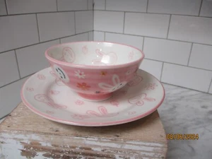 Schen Kotobuki Pink Bunny Kids Footed Rice Bowl and 6 Inch Plate Made In Japan - Picture 1 of 7