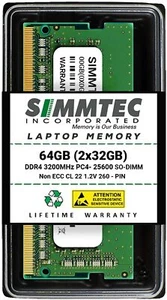 Simmtec RAM 64GB (2x32GB) DDR4 3200MHz SODIMM PC4-25600 (PC4-3200AA) CL22 1.2V - Picture 1 of 6